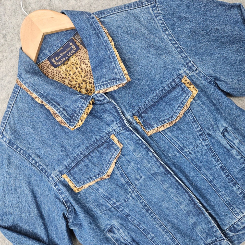 New Direction Denim Jacket Women's Small Blue Leopard Trim Cotton Trucker SPOT
